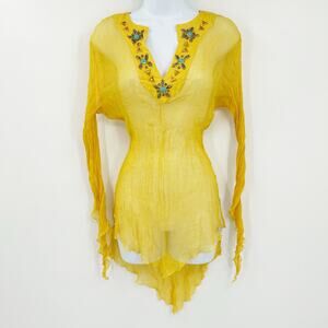 Baby Phat Womens Y2K Vintage 100% Silk Beaded Sheer Tunic Top Cover Up XL Yellow